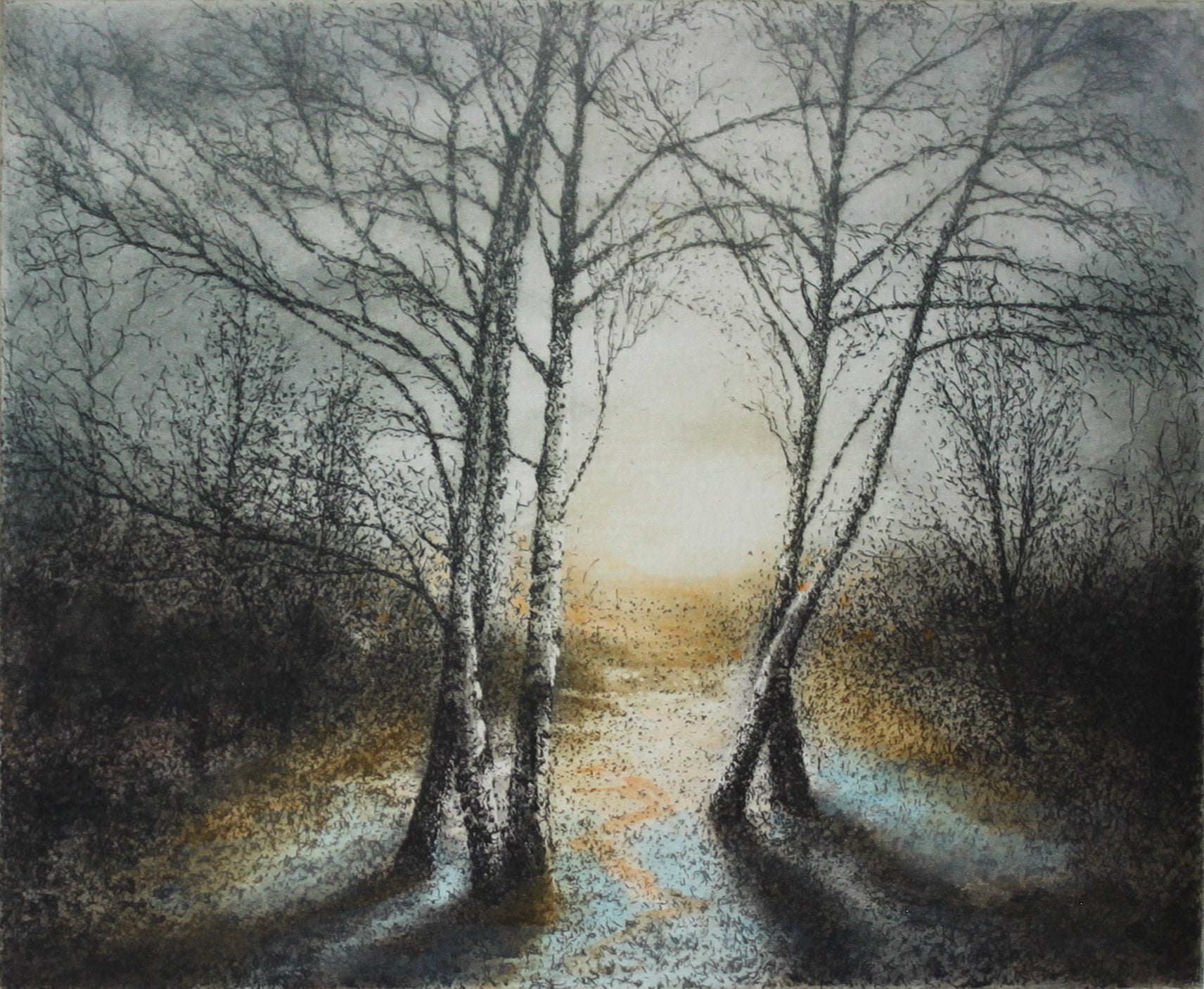 Hand colored etching of trees and landscape in muted tones.
