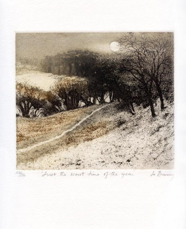 Hand colored etching of landscape of snowy rolling fields and trees in muted tones.