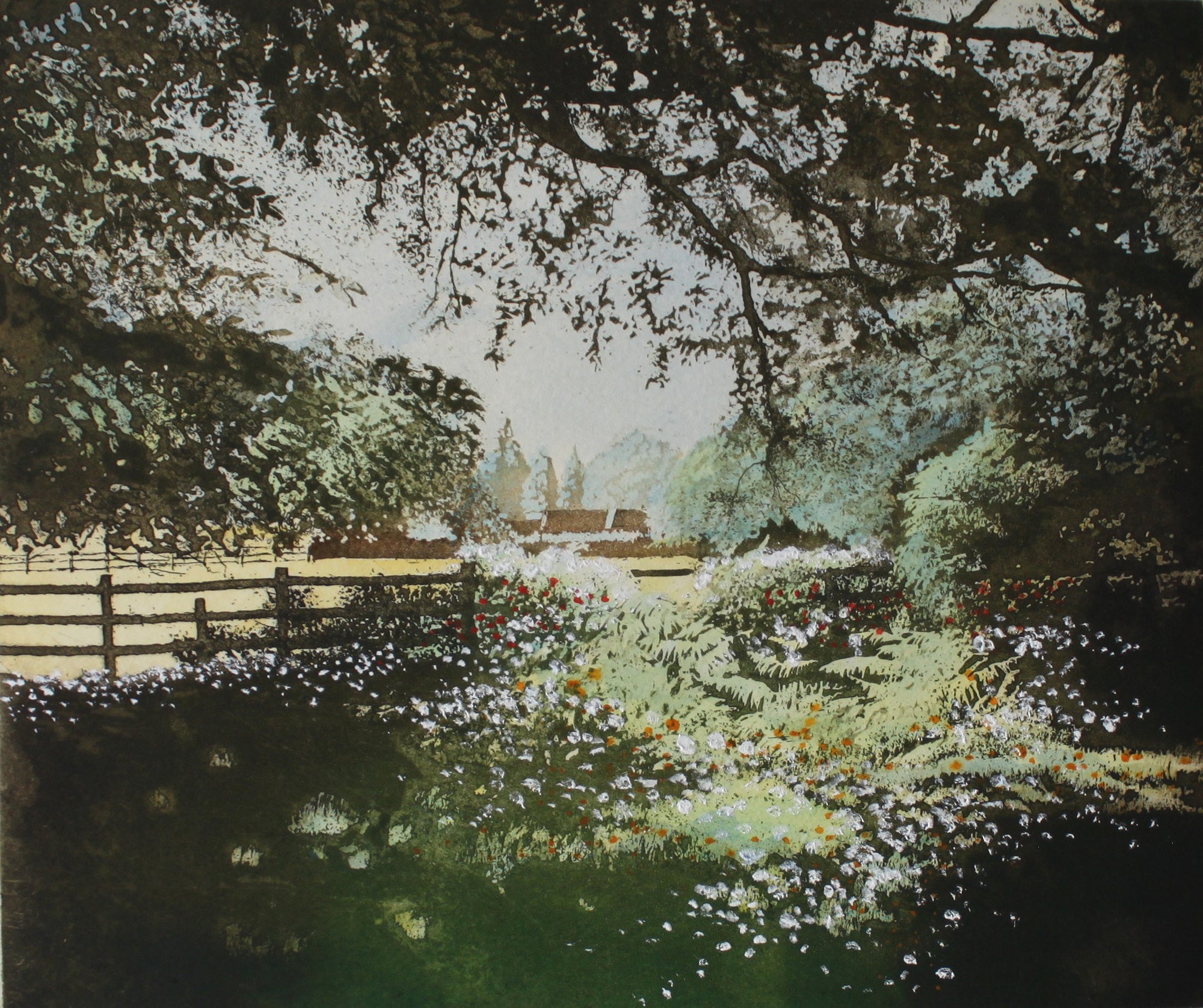 Hand colored etching landscape with trees, flowers, ferns, and pasture.
