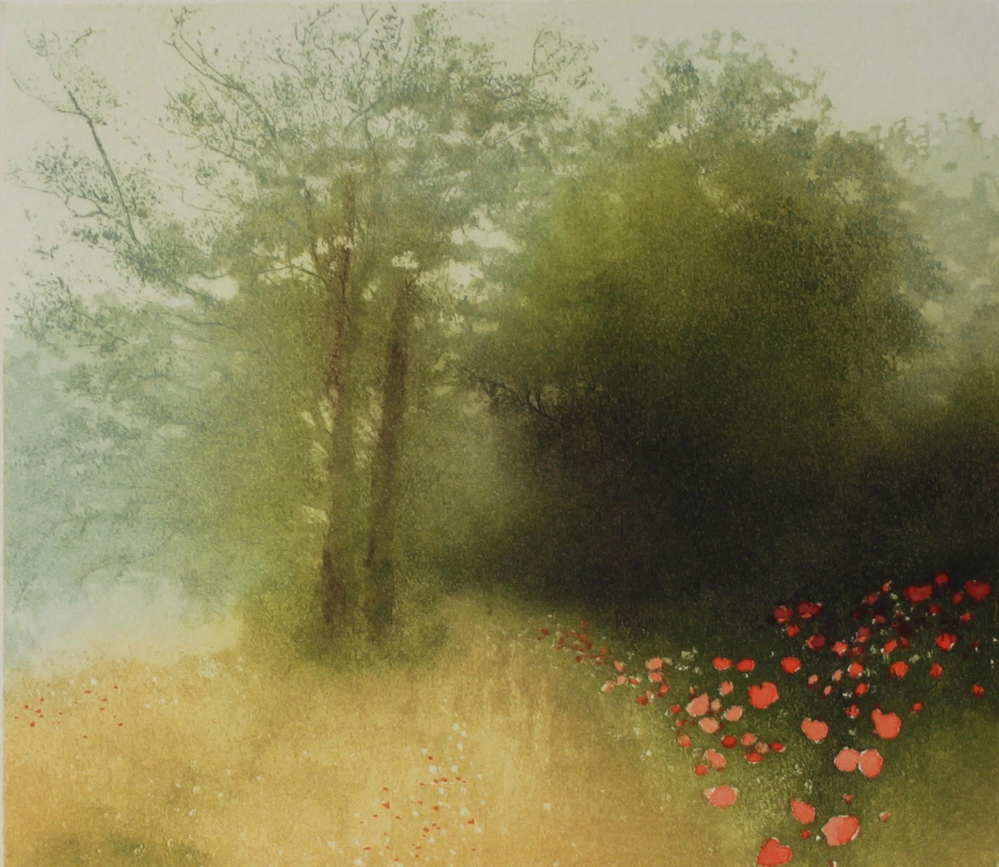 Hand colored etching of flower meadow landscape.