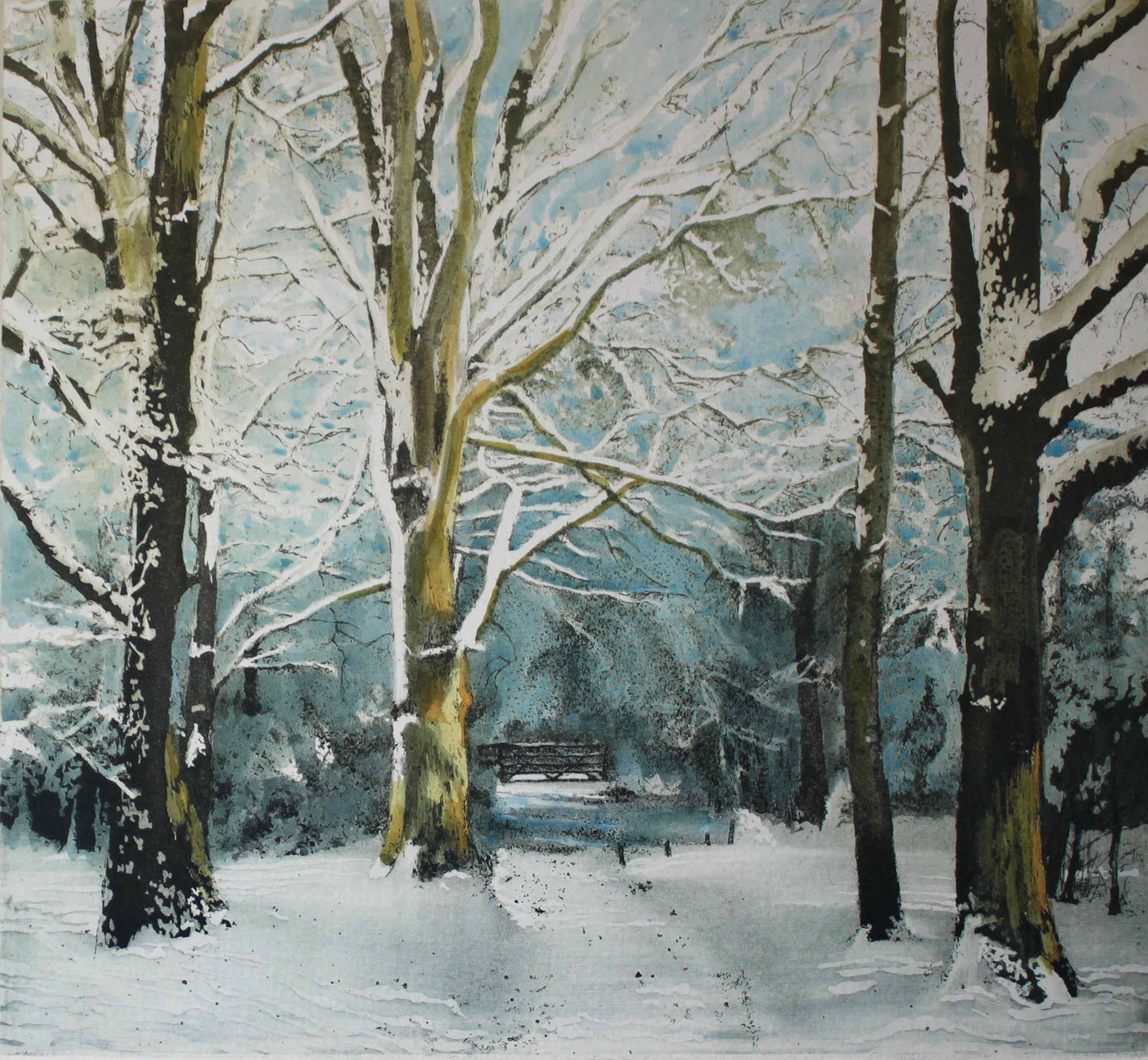 Hand colored etching of snowy forest landscape.