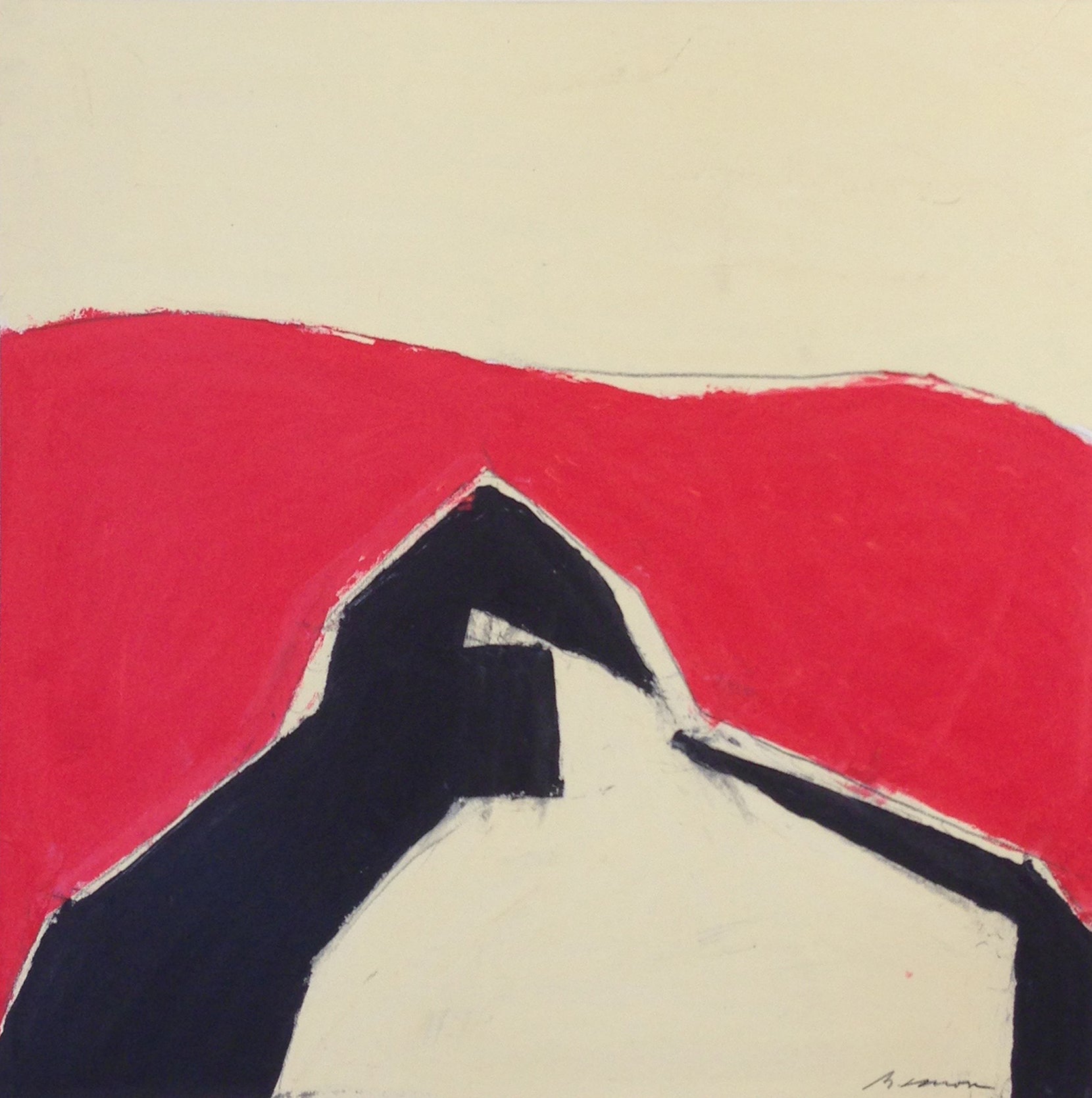 Abstracted barn drawing in red, black, and white.