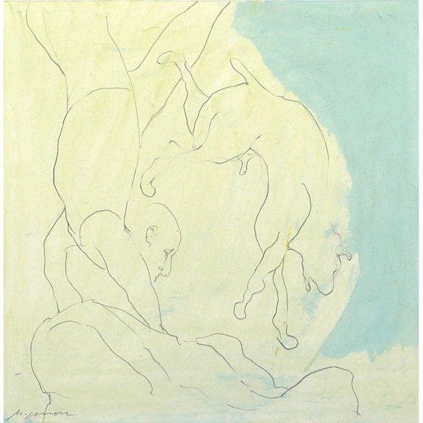 Oil pastel drawing of acrobat man and dog in black, white, and pale blue.