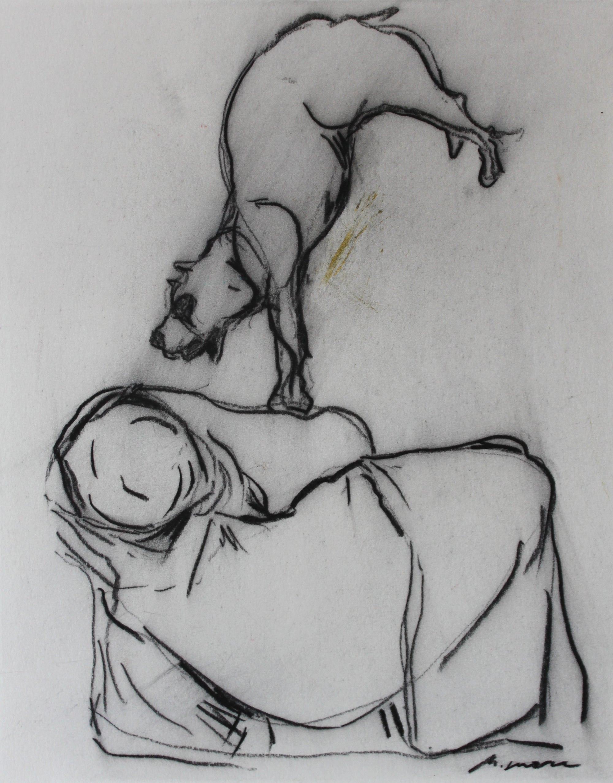 Black and white oil pastel drawing of a acrobatic bear.