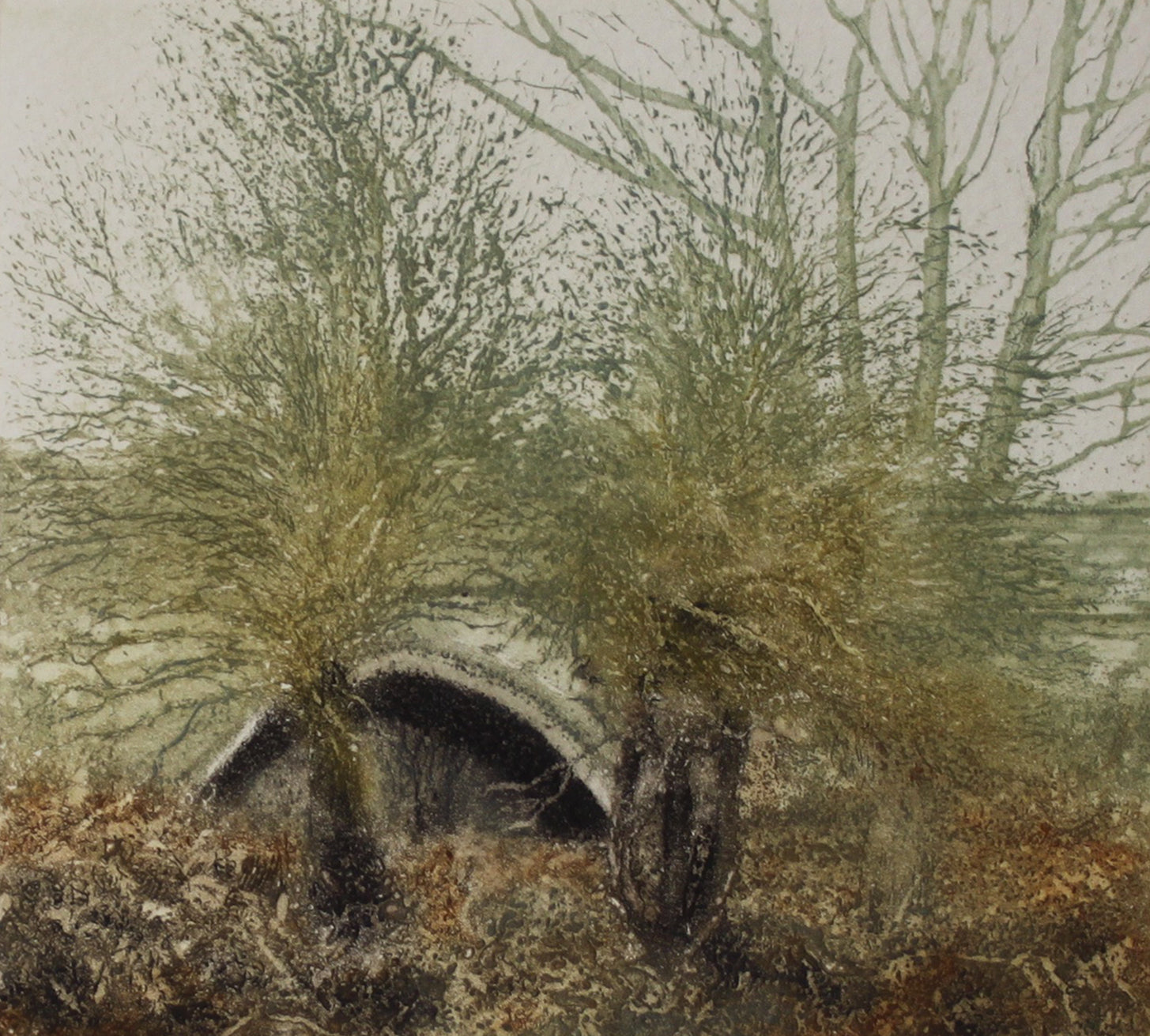 Hand colored etching of landscape with a small stone bridge.
