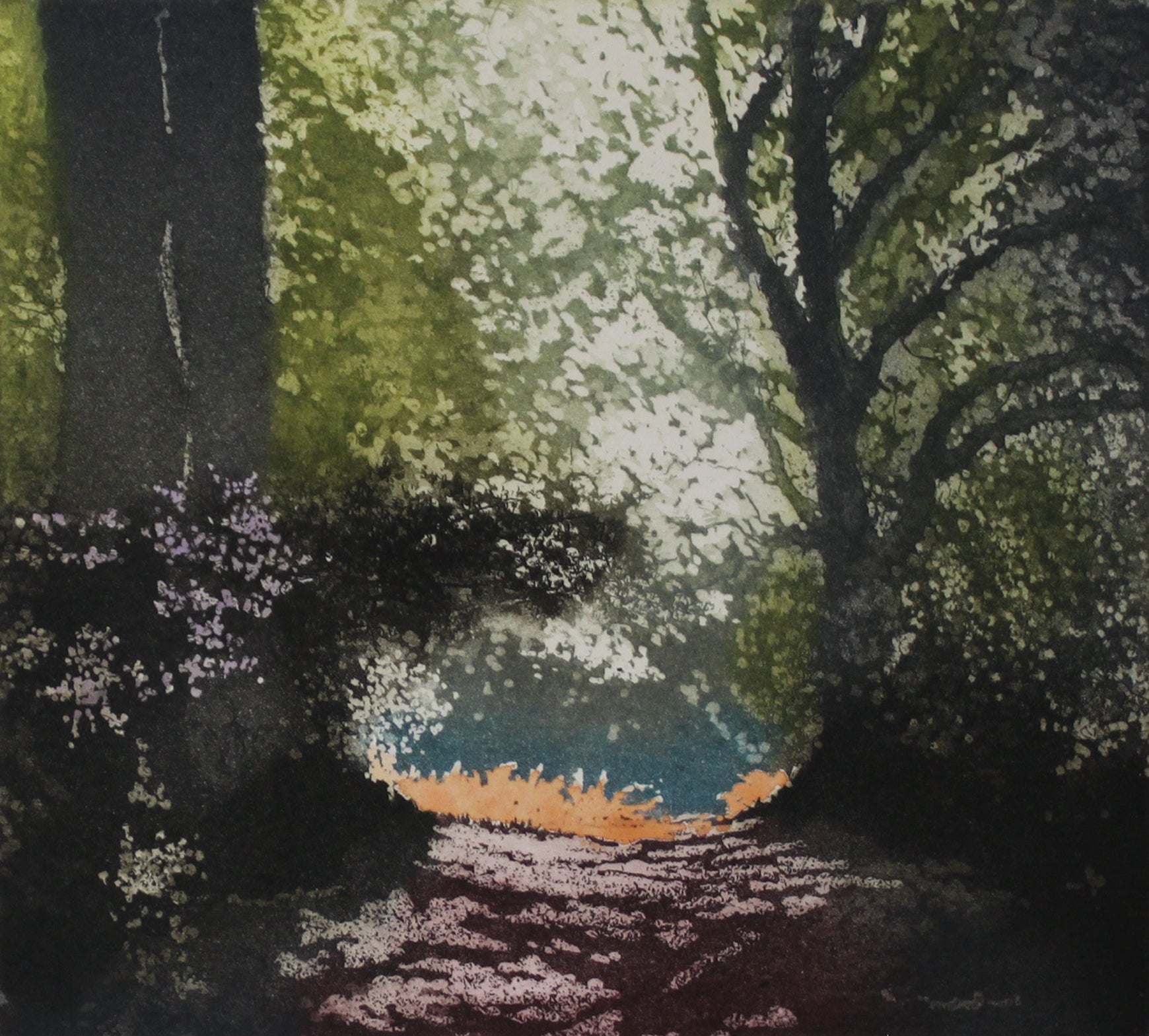 Hand colored etching of a forest footpath with a clearing at the end.