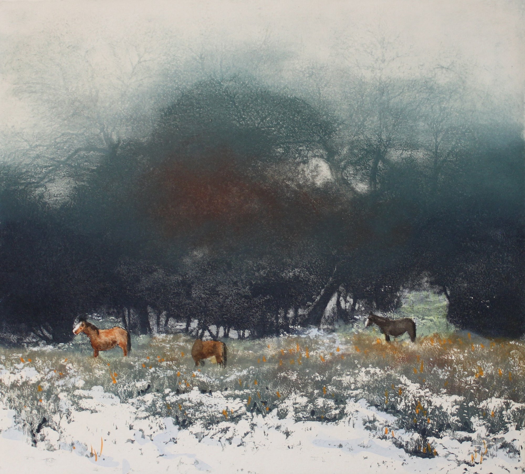 Hand colored etching of winter landscape with horses grazing.