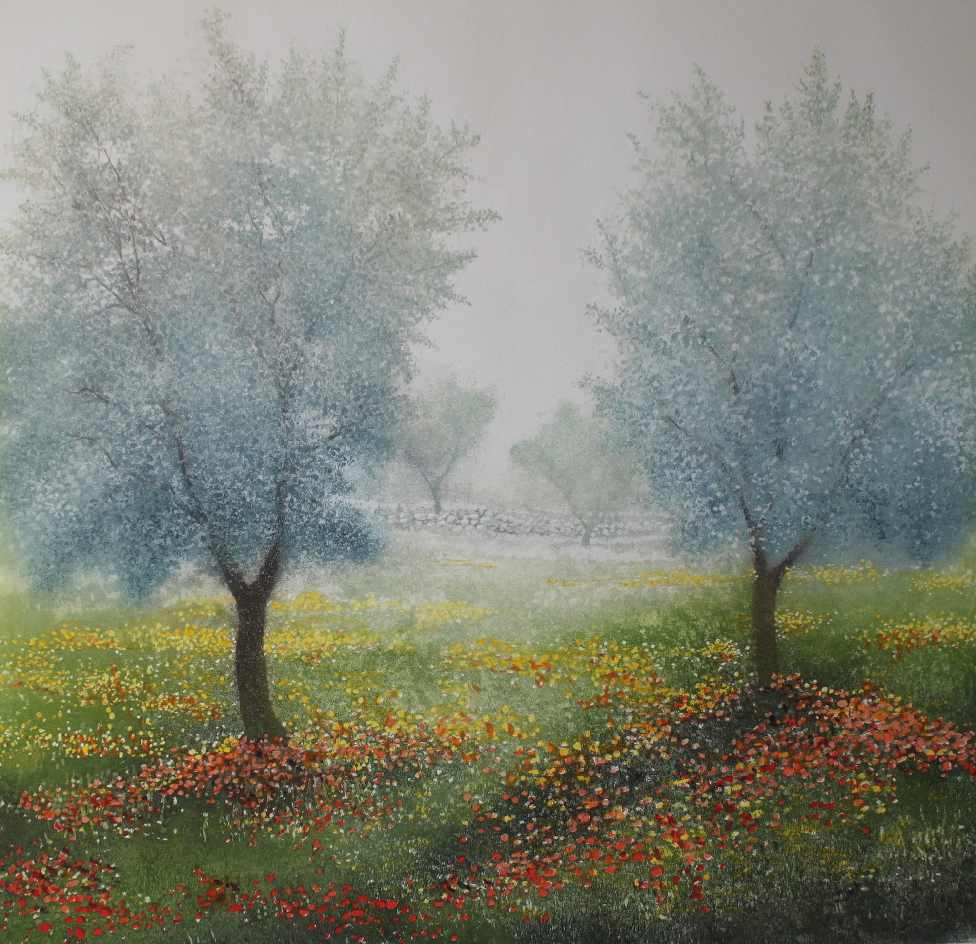 Hand colored etching of flowering meadow and trees.