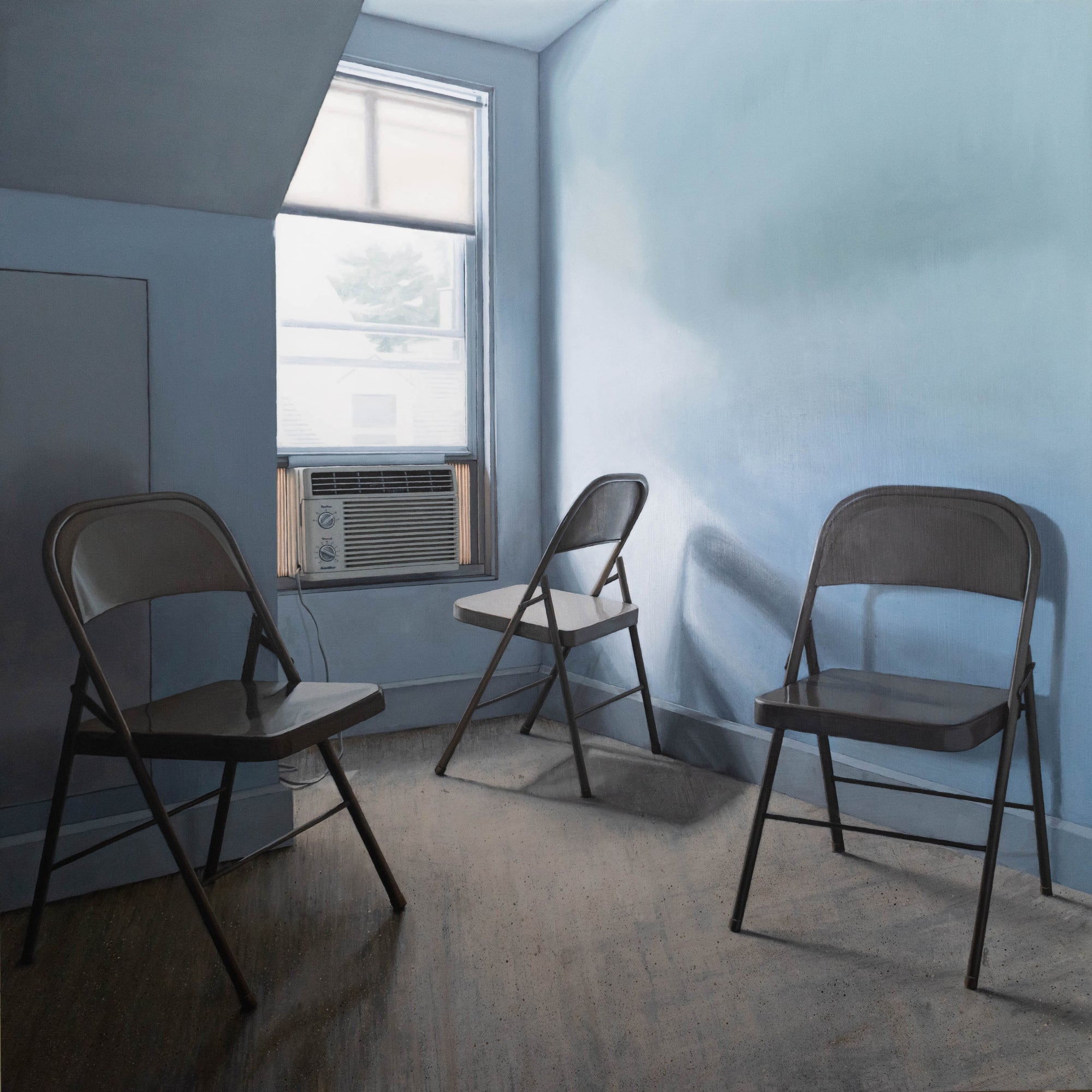 painting of folding chairs in a small room with filtered light coming through a closed window with an air conditioner