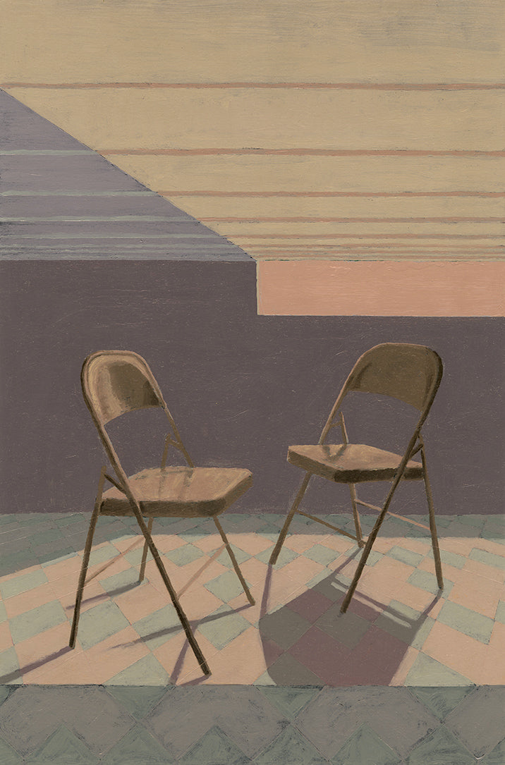 painting of folding chairs in a small room with filtered light coming through a closed window with an air conditioner