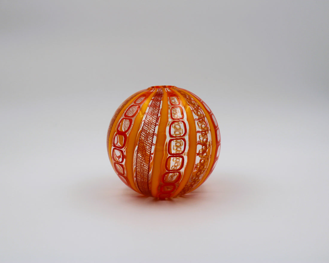Hand Blown Glass Ball Vase With Orange Stripes And Red Design