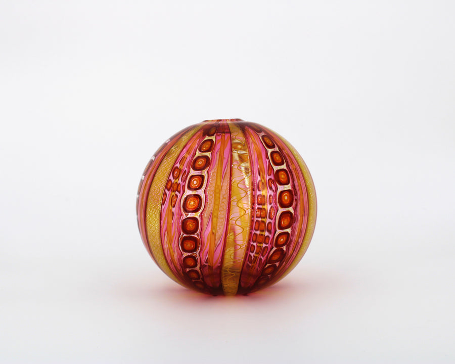 Hand Blown Glass Ball Vase In Orange, Pink, And Yellow Hues And Dark Red Detailing