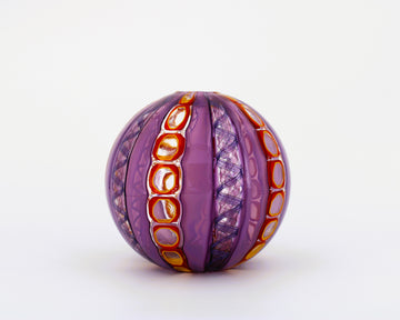 Hand Blown Glass Ball Vase In Purple Tones And Burnt Orange Detailing