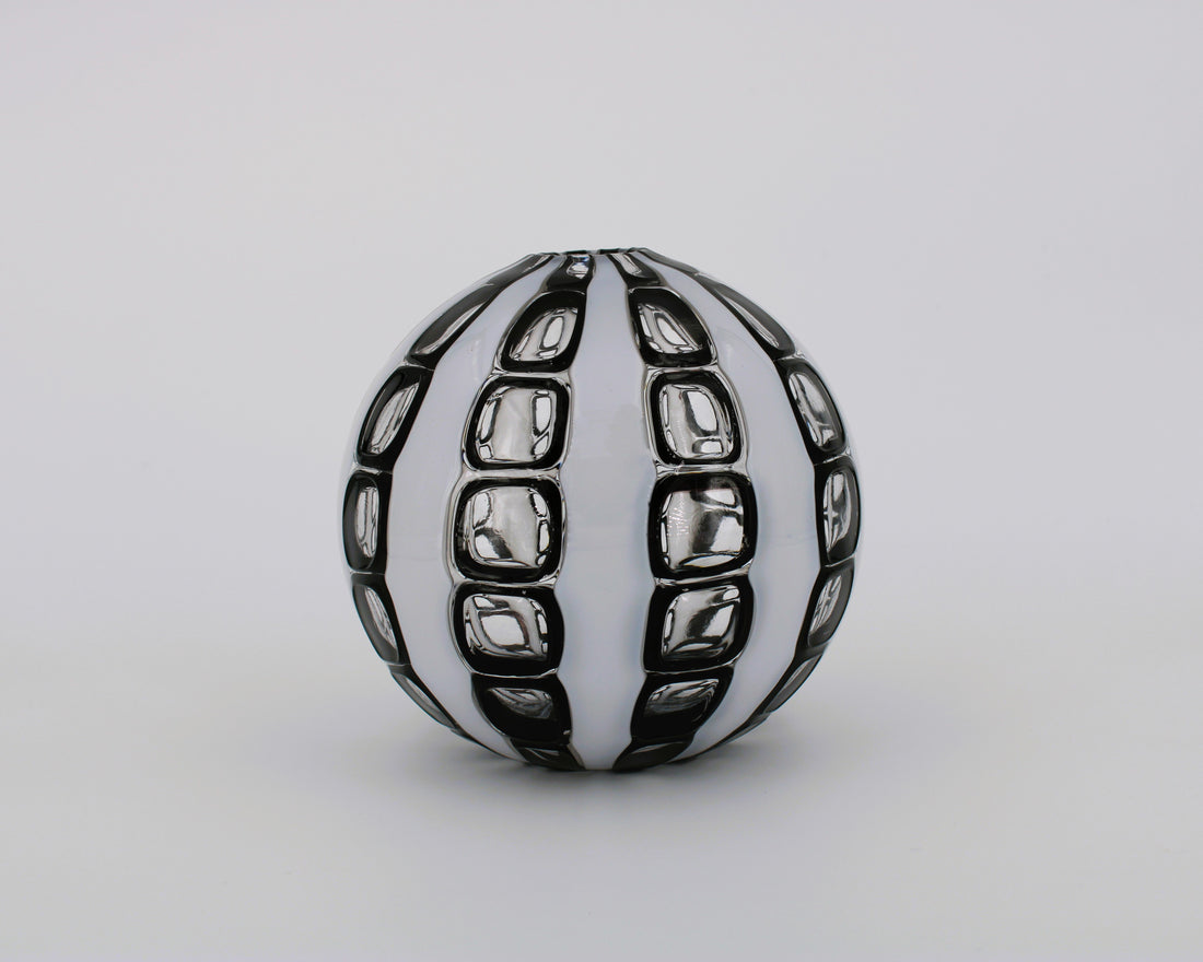 Hand Blown Glass Ball Vase With White Stripes And Black Detailing
