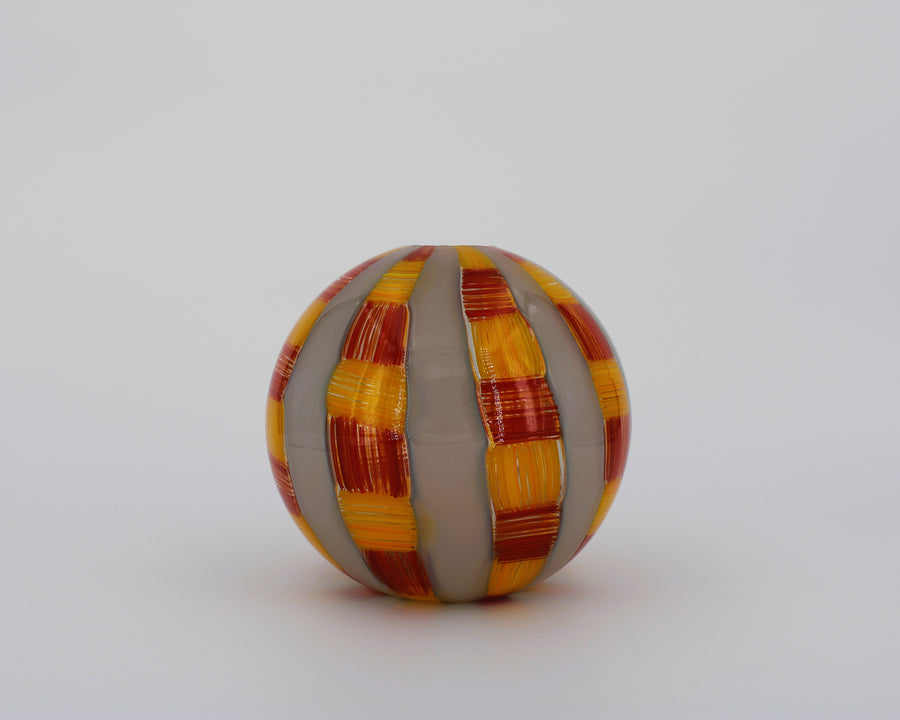 Hand Blown Glass Ball Vase With Orange And Red Details And Grey Stripes