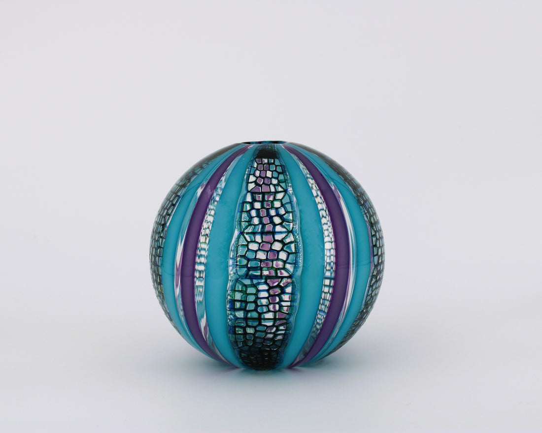 Hand Blown Glass Ball Vase With Various Blue Details And Purple Stripes