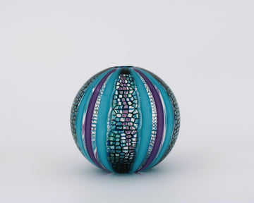 Hand Blown Glass Ball Vase With Various Blue Details And Purple Stripes