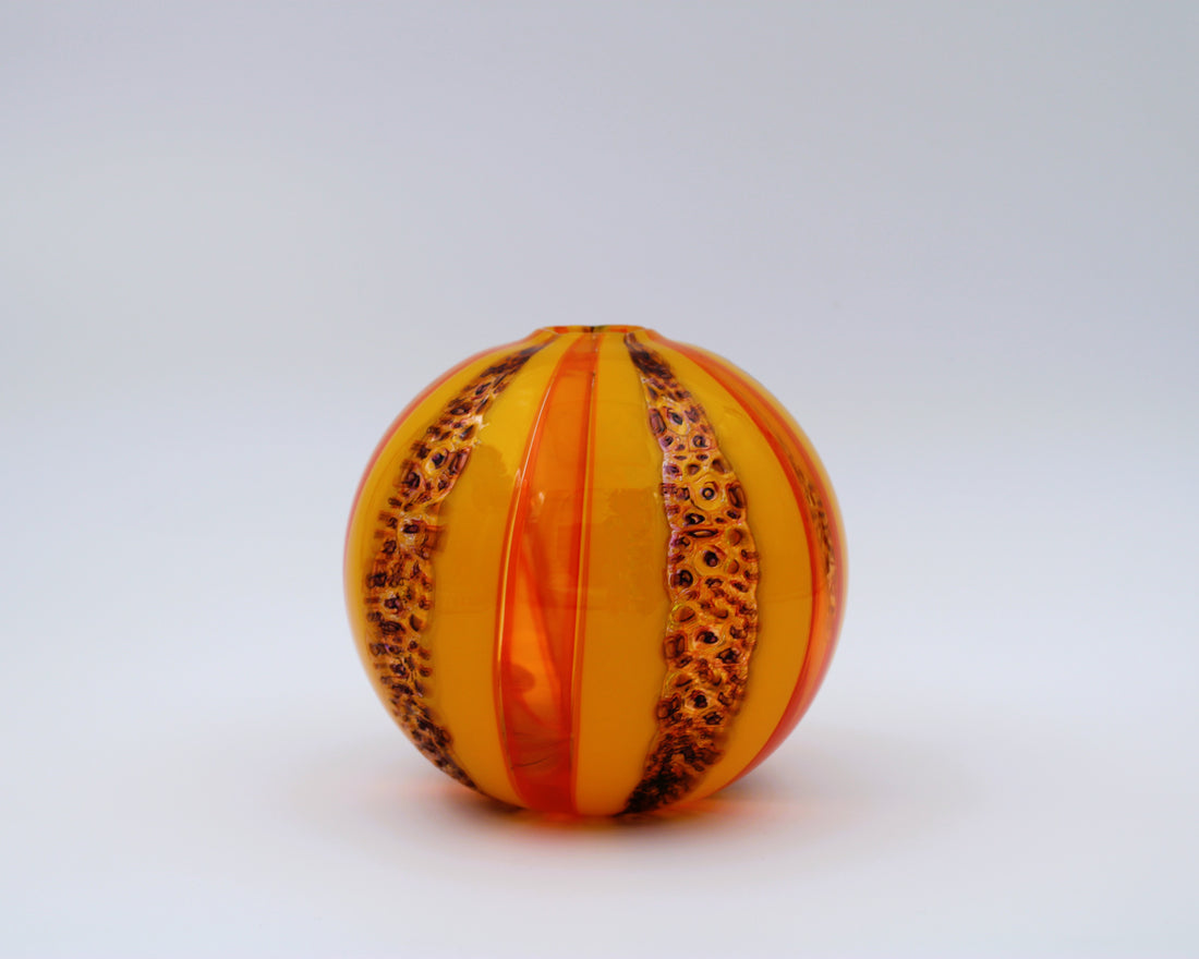 Hand Blown Glass Ball Vase In Various Orange Hues And Brown Details