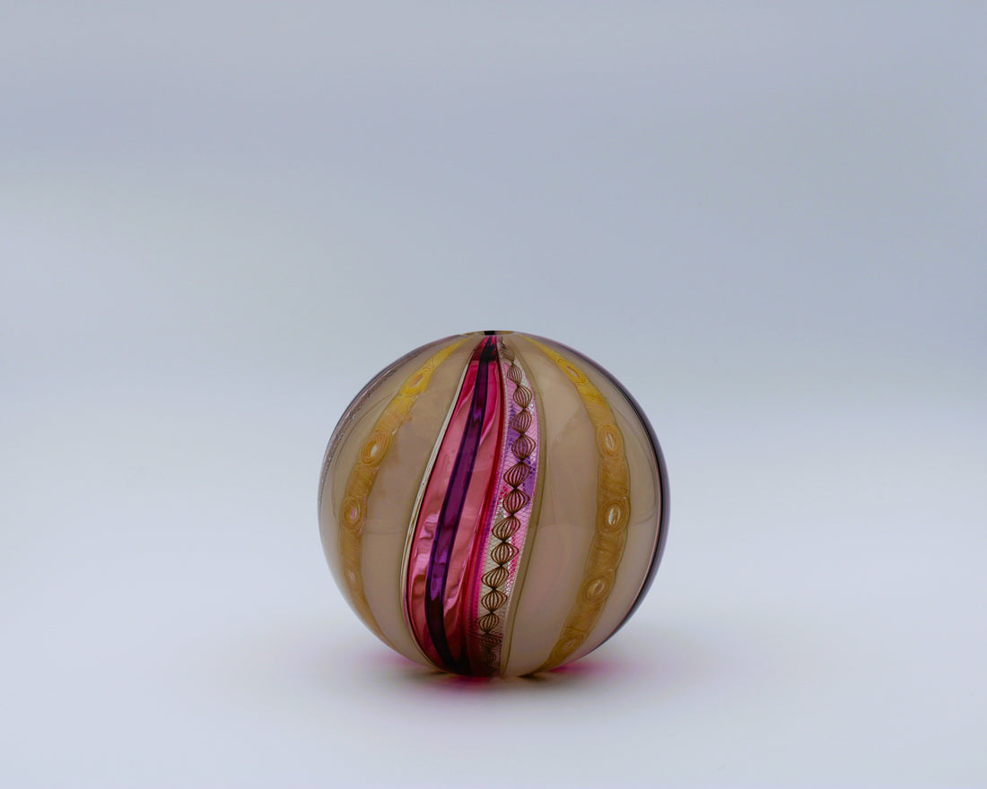 Hand Blown Glass Ball Vase With Yellow, Pink, Purple, and Beige Stripes With Helix Details 4.5” x 4.5”