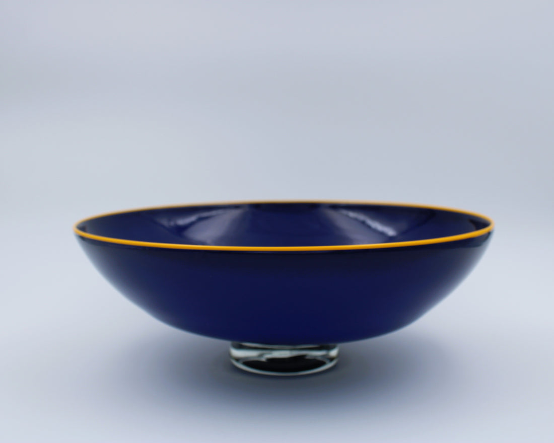 Cobalt Blue Opaque Glass Bowl with Yellow Lip Wrap