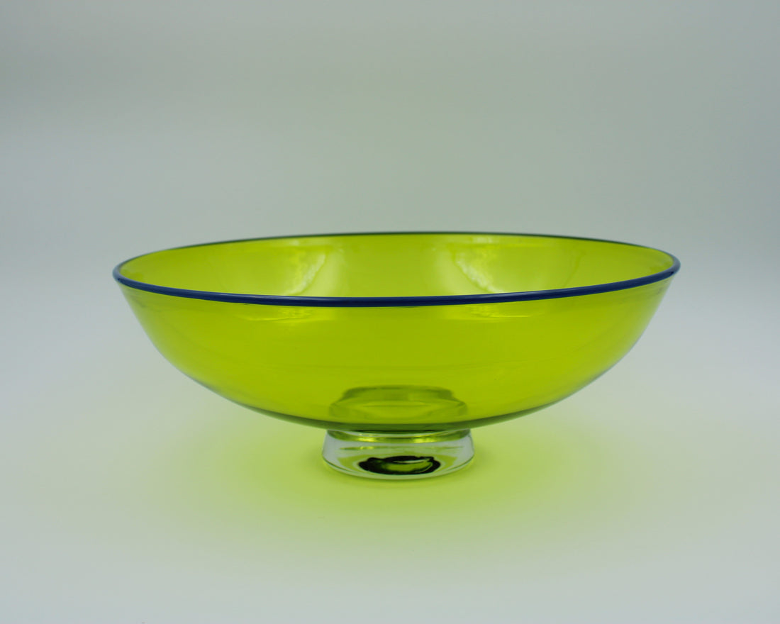 Lime Green Transparent Glass Bowl With Cobalt Lip Wrap