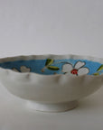 Porcelain Bowl With Blue Inside And White Flowers With Green Petals