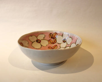 Porcelain Bowl With Pink Inside And White Flowers