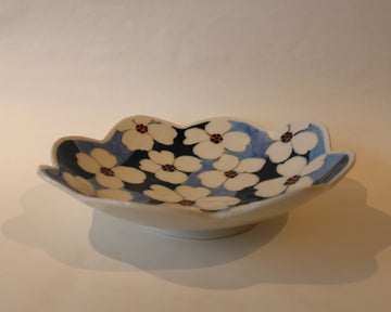 Blue & White Shallow Bowl with Scalloped Edges