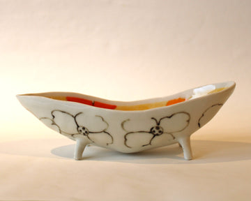 White Oblong Dish With Inside In Light Orange Shade And Dark Orange And Red Flowers