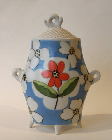 Blue & White Lidded Canister with Coral Flower