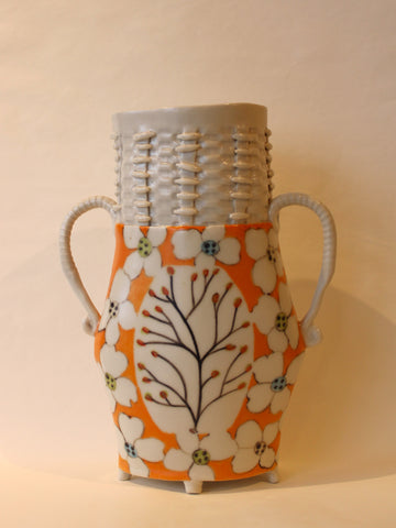 Orange & White Vase with Handles
