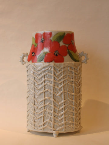 Textured White Vase with Coral Flowers