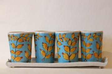 Blue and Yellow Tea Cup Set with Tray