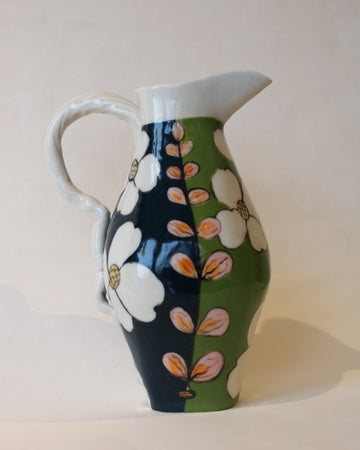 Navy Blue And Green Pitcher With Flowers