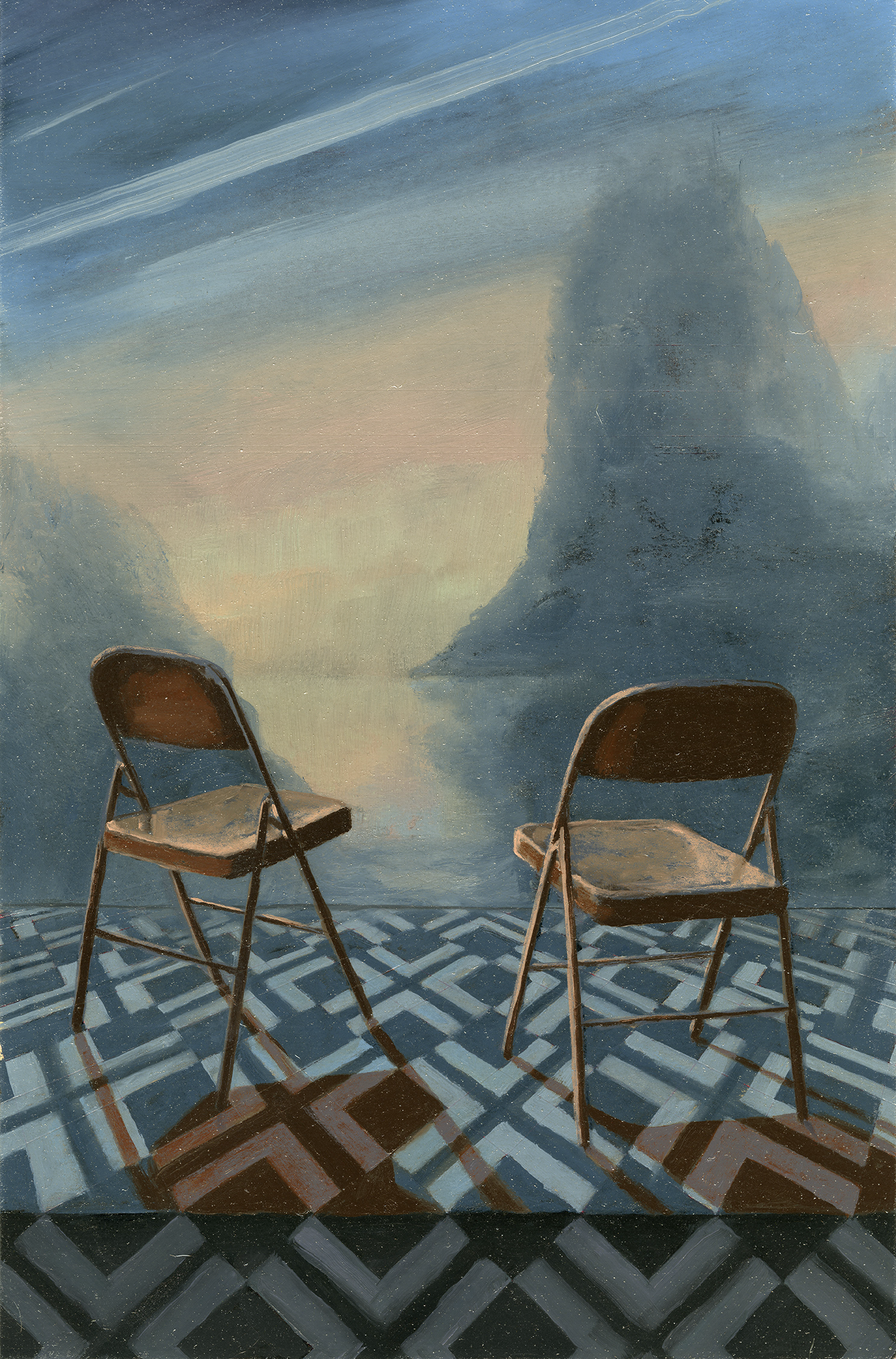 Painting of two folding chairs on a geometric floor overlooking an abstracted landscape at sunset