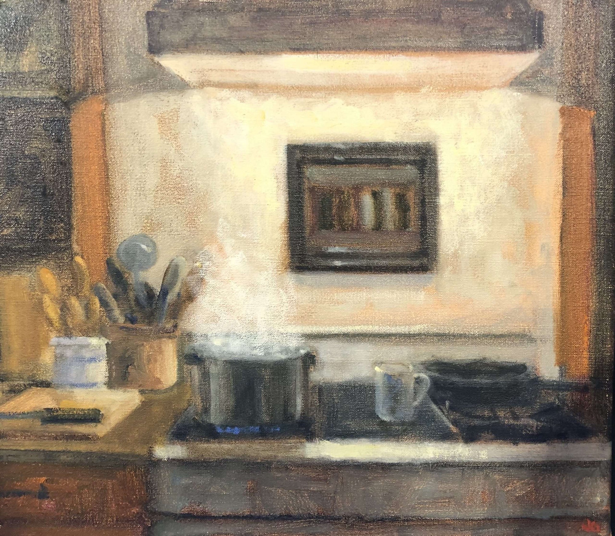 Painting of a kitchen scene with pots, pans, and utensils on a stove.