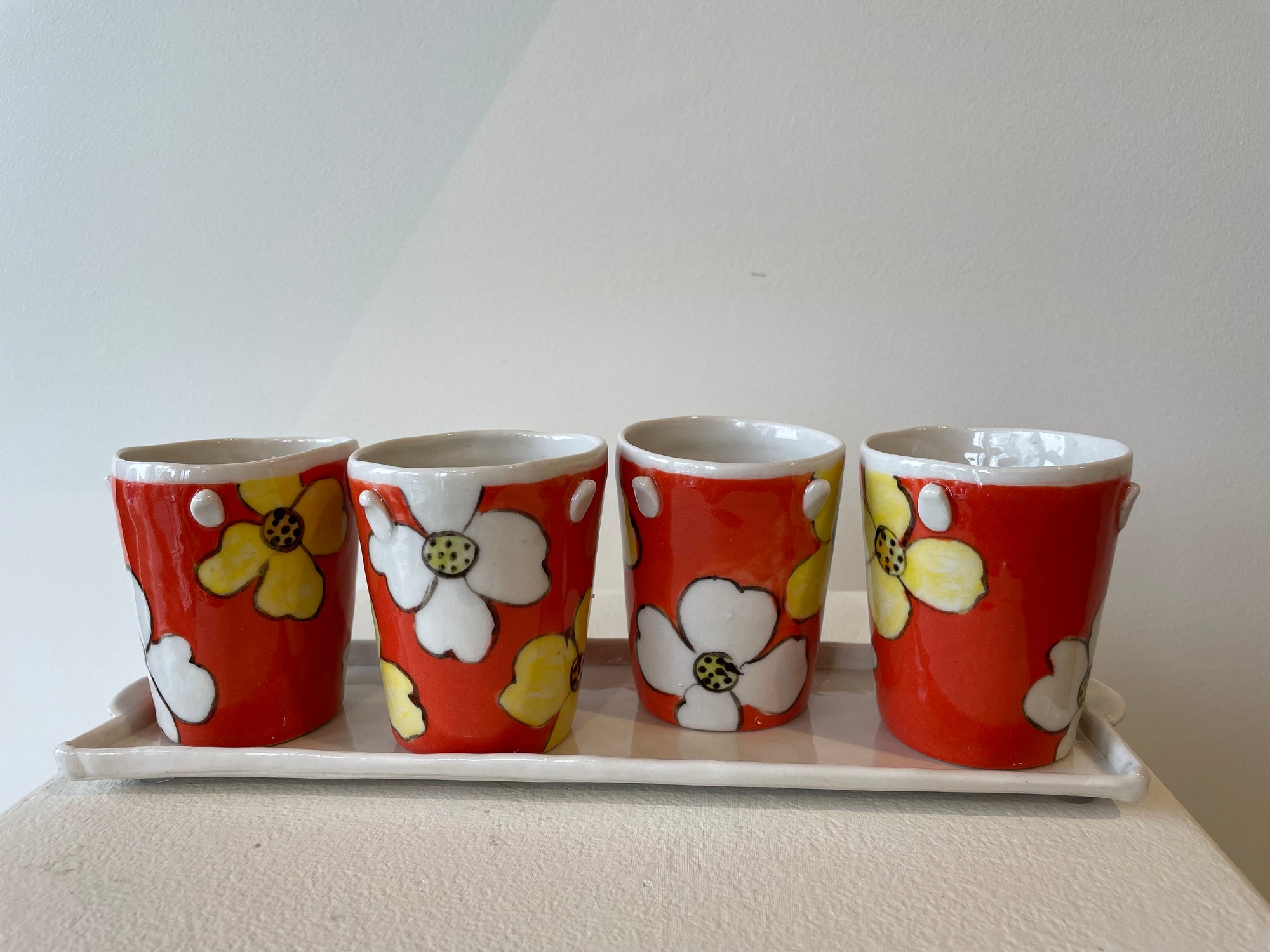 Set of Red &amp; White Cups with Tray