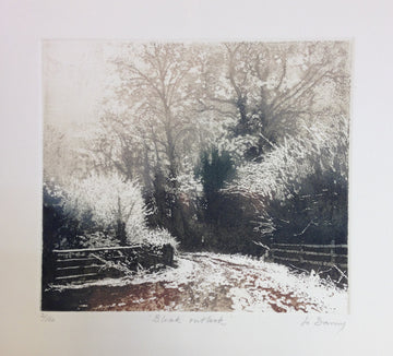Etching of a muted snowy landscape.