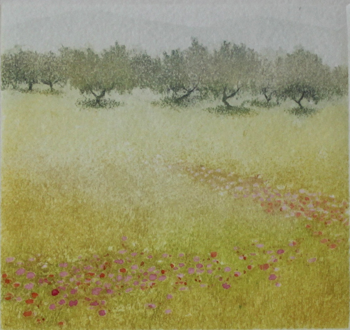 Hand colored etching of flower meadow and orchard in spring.