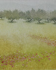 Hand colored etching of flower meadow and orchard in spring.