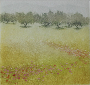 Hand colored etching of flower meadow and orchard in spring.