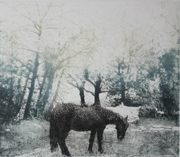 Etching of horse and landscape in muted tones.