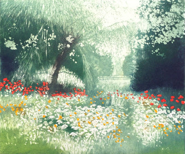 Hand colored etching of flower meadow and landscape.