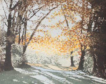 Hand colored etching of trees and landscape in autumn.