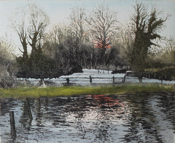 Hand colored etching of a landscape scene with pond and forrest at sunset in muted tones.
