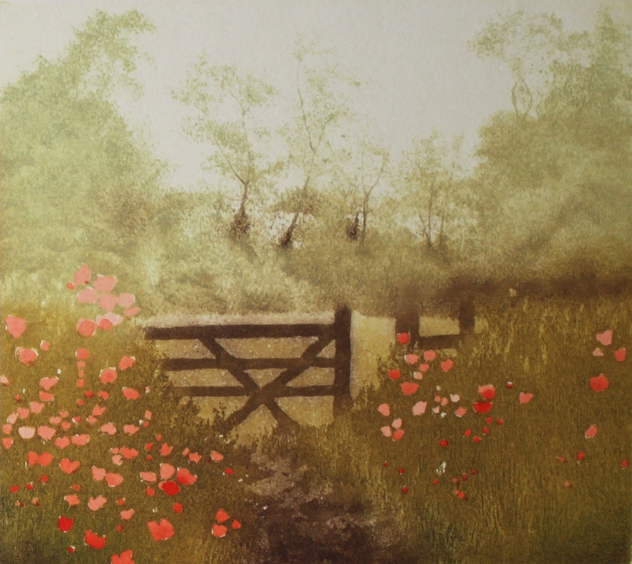 Hand colored etching landscape with flower meadow and pasture gate.