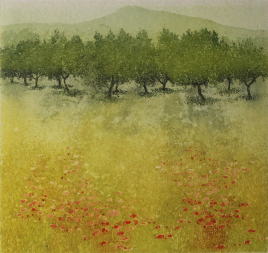 Hand colored etching of flower meadow and orchard. 
