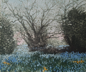 Hand colored etching of landscape with trees and meadow with blue flowers.