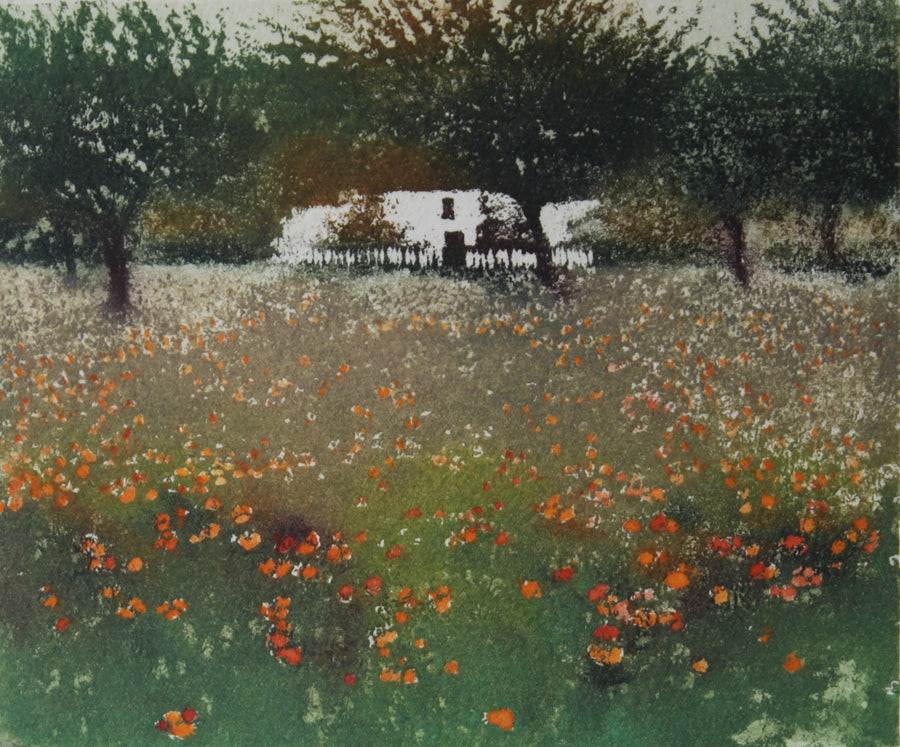 Hand colored etching of landscape with trees and flower meadow.