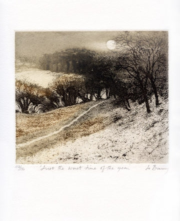 Hand colored etching of landscape of snowy rolling fields and trees in muted tones. 